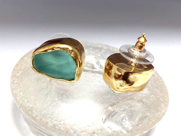 Thick Aqua Sea Glass Vermeil Stud