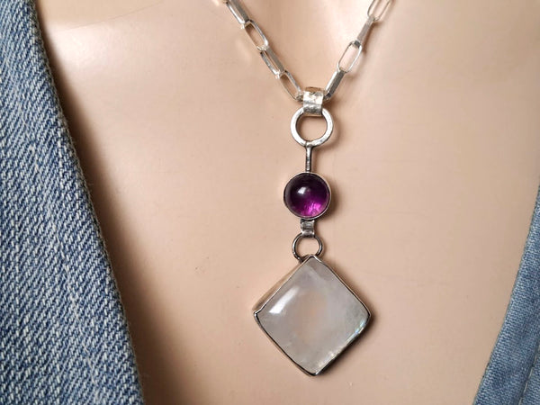 Sterling Y Moonstone Amethyst Necklace.