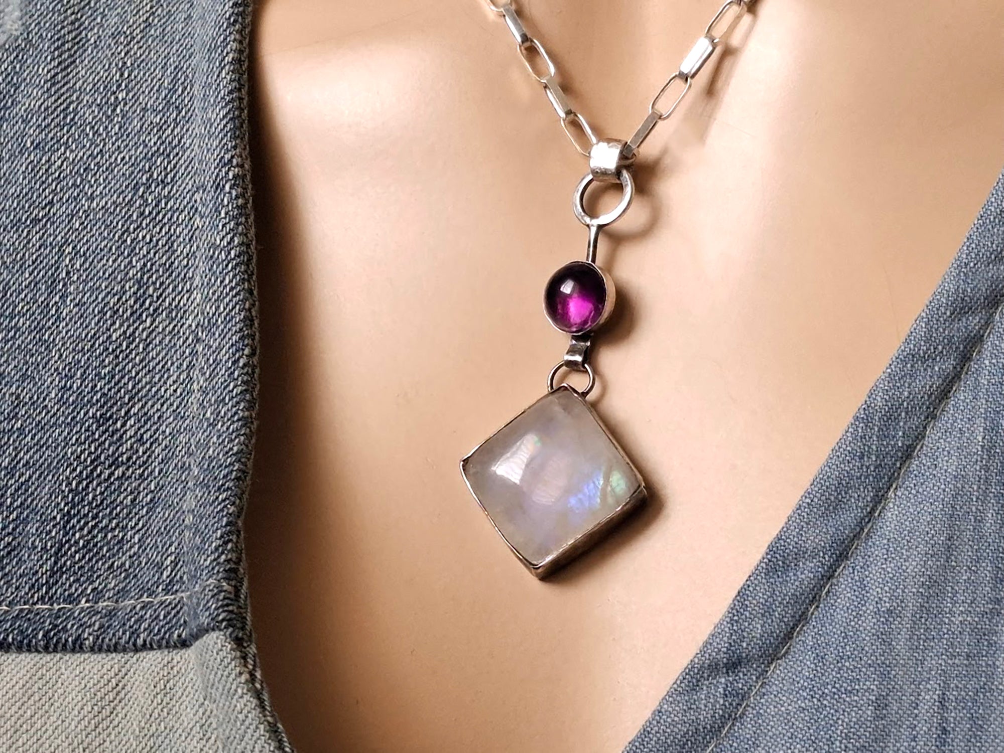 Sterling Y Moonstone Amethyst Necklace.