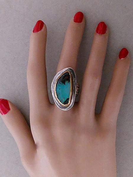 Modern beautiful handmade Sterling Silver 22k Gold and Australian Boulder Opal ring.