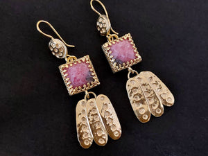 Long Gold Pink Rhodonite Stone Earrings