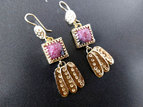 Long Handmade Gold and Rhodonite Earrings