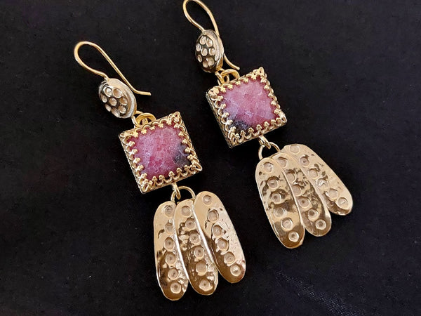 Long Handmade Gold and Rhodonite Earrings