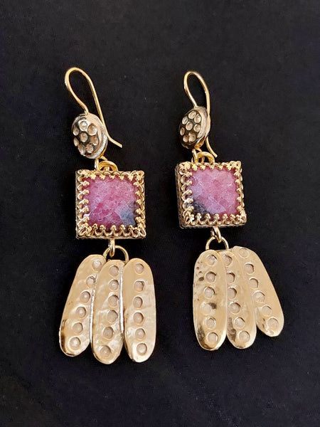 Long Handmade Gold and Rhodonite Earrings