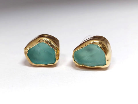 Thick Aqua Sea Glass Vermeil Stud