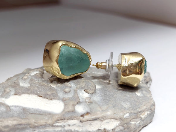 Thick Aqua Sea Glass Vermeil Stud