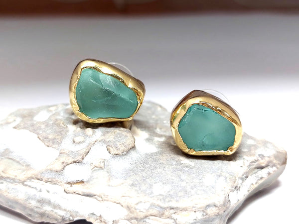 Thick Aqua Sea Glass Vermeil Stud