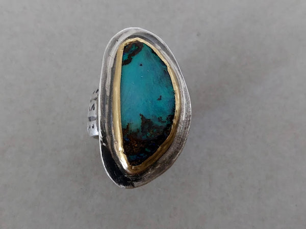 Modern beautiful handmade Sterling Silver 22k Gold and Australian Boulder Opal ring.