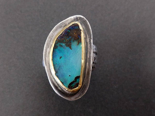 Modern beautiful handmade Sterling Silver 22k Gold and Australian Boulder Opal ring.