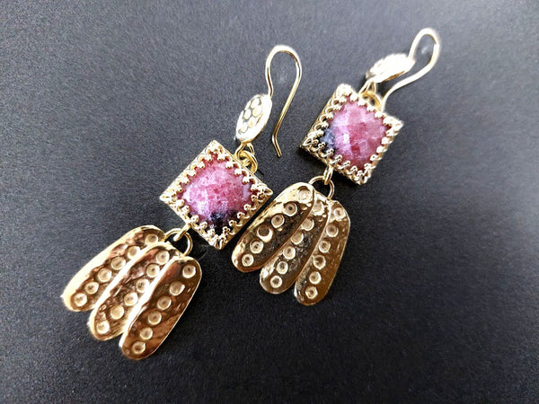 Long Gold Pink Rhodonite Stone Earrings