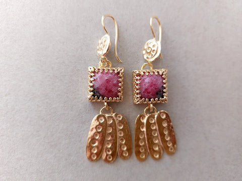 Long Handmade Gold and Rhodonite Earrings