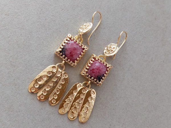 Long Handmade Gold and Rhodonite Earrings