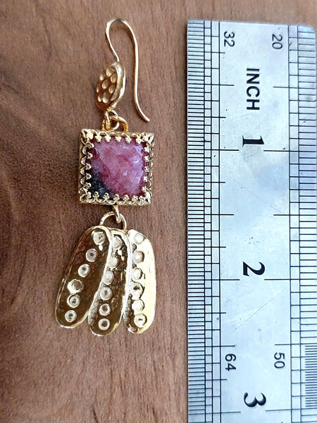 Long Handmade Gold and Rhodonite Earrings