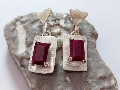 Rectangle Silver and Ruby Earrings