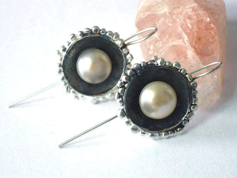 Silver Handmade Dangle Pearl Earrings