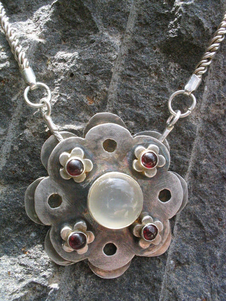 Statement Silver Moonstone and Garnet Pendant