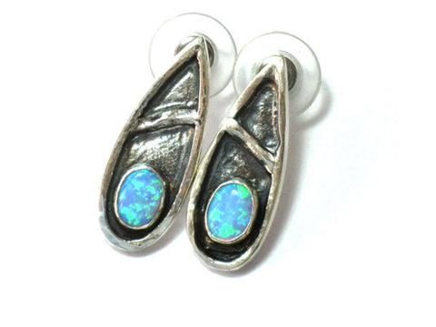 Blue Teardrop Silver Opal Studs