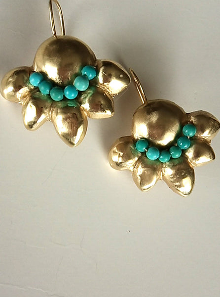 Gold Turquoise Hammered Dangle Earrings