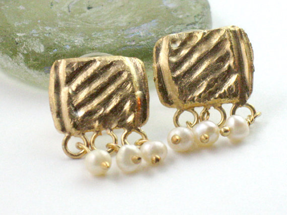 Gold Pearl Stud Dangle Earrings