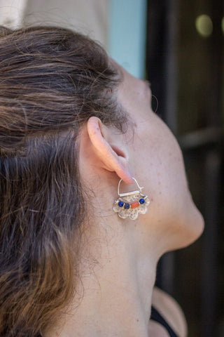 Beaded Silver Hoop Earrings with Ancient Coral and Lapis Beads