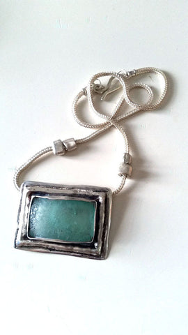 Rectangle Sea Glass Silver Pendant Necklace