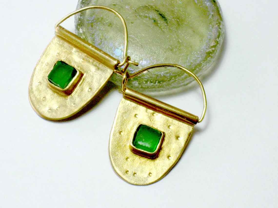 Green Sea Glass Gold Hoop Earrings