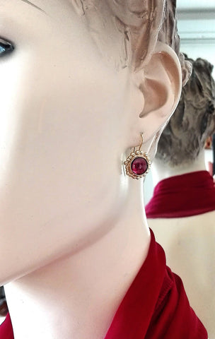 Gold Round Garnet Dangle Earrings