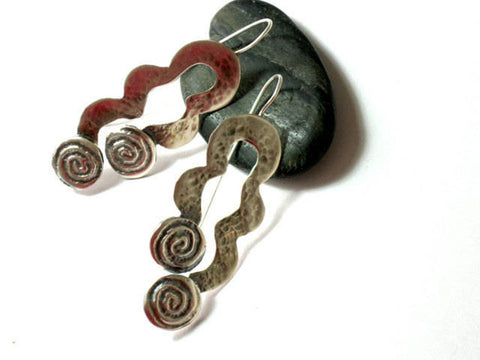 Long hammered Silver Dangles with Spirals.