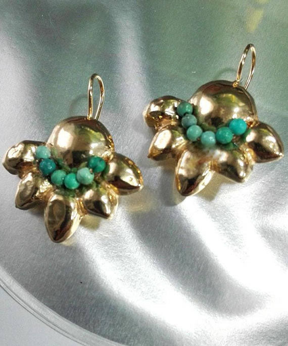 Turquoise Gold Hammered Dangle Earrings