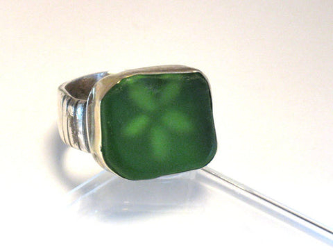 Silver Gold Green Sea Glass Ring