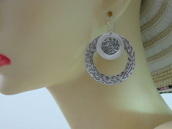 Large Round Sterling Textured Dangle Loop Earrings