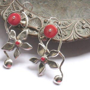 Red Coral Sterling Dangle Earrings.