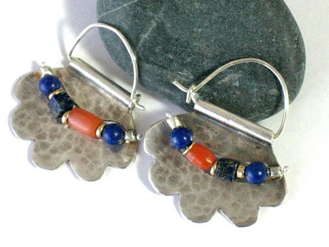 Beaded Sterling Hoops with Lapis Lazuli and Corals.