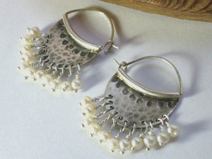 Pearl Sterling Hammered Hoop Earrings