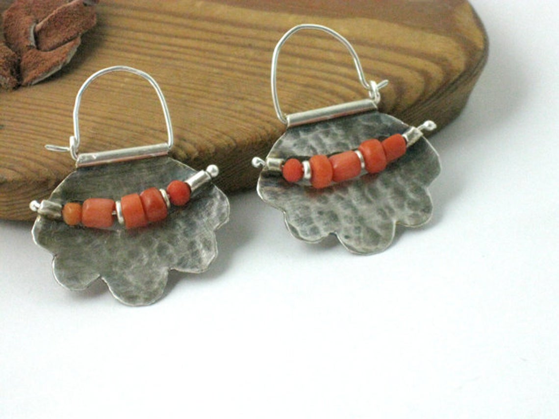 Sterling Silver Ear Hoops with Ancient Coral Beads