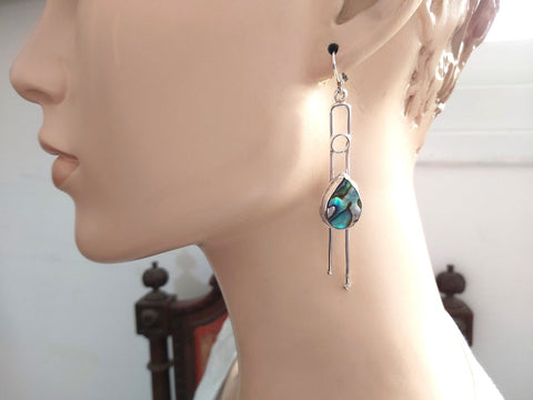 Long Silver Abalone Shell Dangle Earrings