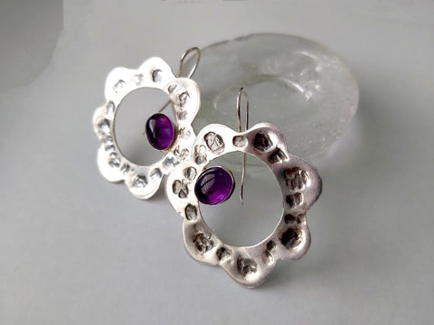 Large Silver Amethyst Flower Earrings.