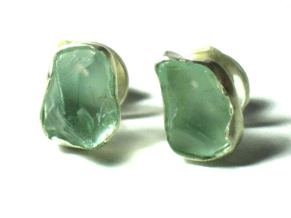 Small Aqua Glass Silver Studs