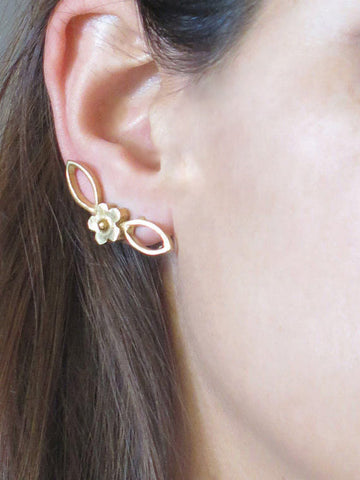 Gold Ear Climbers, Flowerd Stud Earring, Gold Ear Posts, Ear Lobe Post, Gold Earrings, Gold Plated Brass, Gold Stud Earrings, Ear Jackets