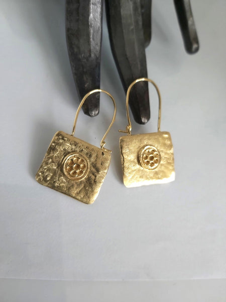 Rectangle Two Sided Gold Hoop Earrings