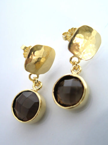 Round Gold Smoky Quartz Ear Dangles