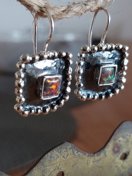 Square Silver Opal Dangle Earrings