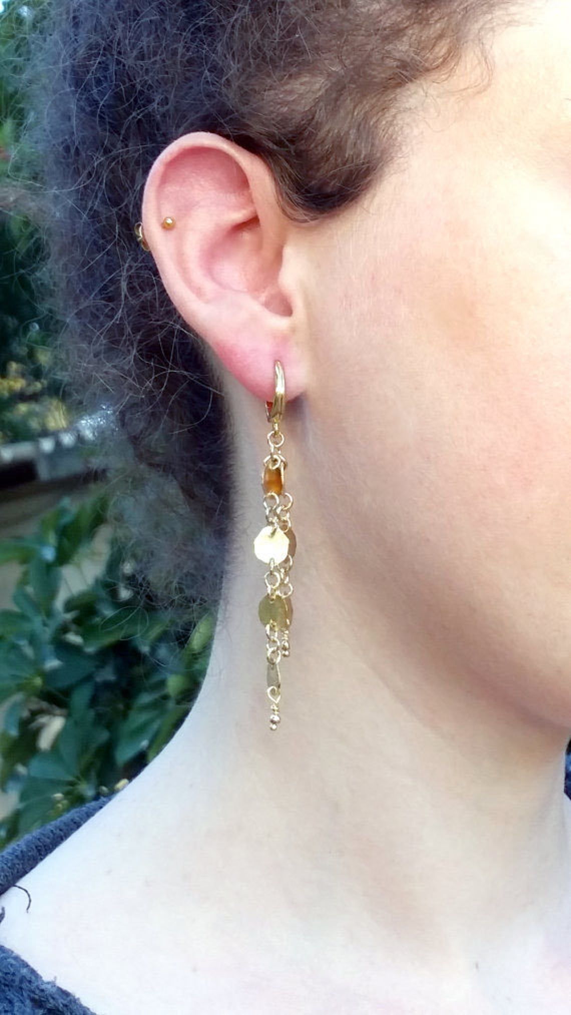 Long Gold Hammered Chain Dangle Earrings