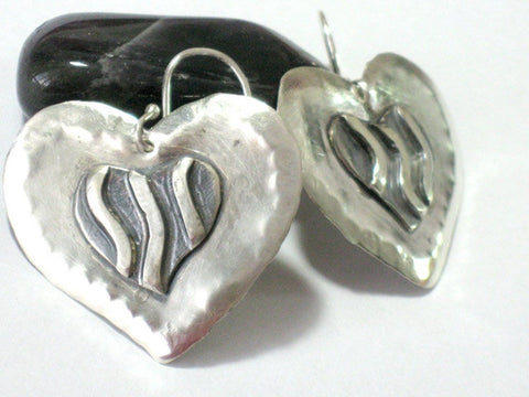 Large Dangle Silver Heart Earrings