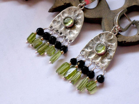 Long Silver Peridot and Onyx Earrings