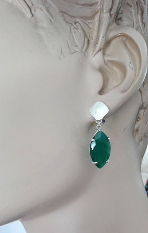 Elegant Silver Green Onyx Dangle Earrings