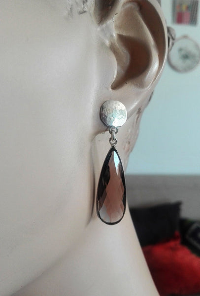 Smoky Quartz Silver Tear Drop Dangle Earrings