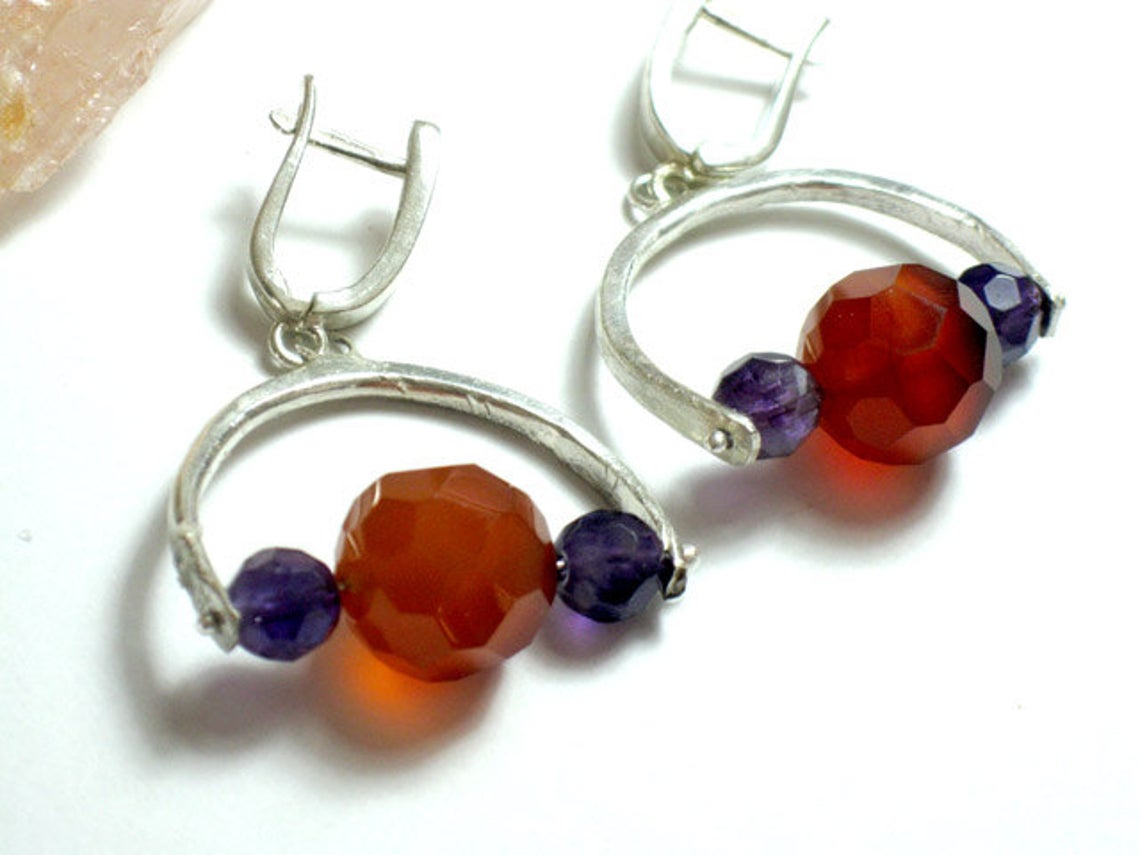 Silver Carnelian and Amethyst Dangle Earrings