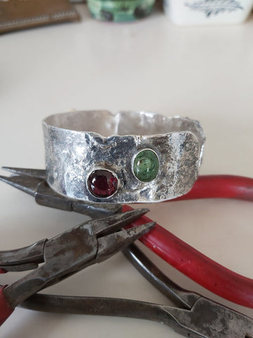 Handmade Artistic Silver Stones Cuff Bangle