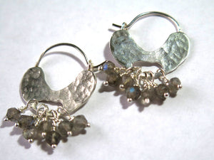 Labradorite Bead Silver Ear Hoops